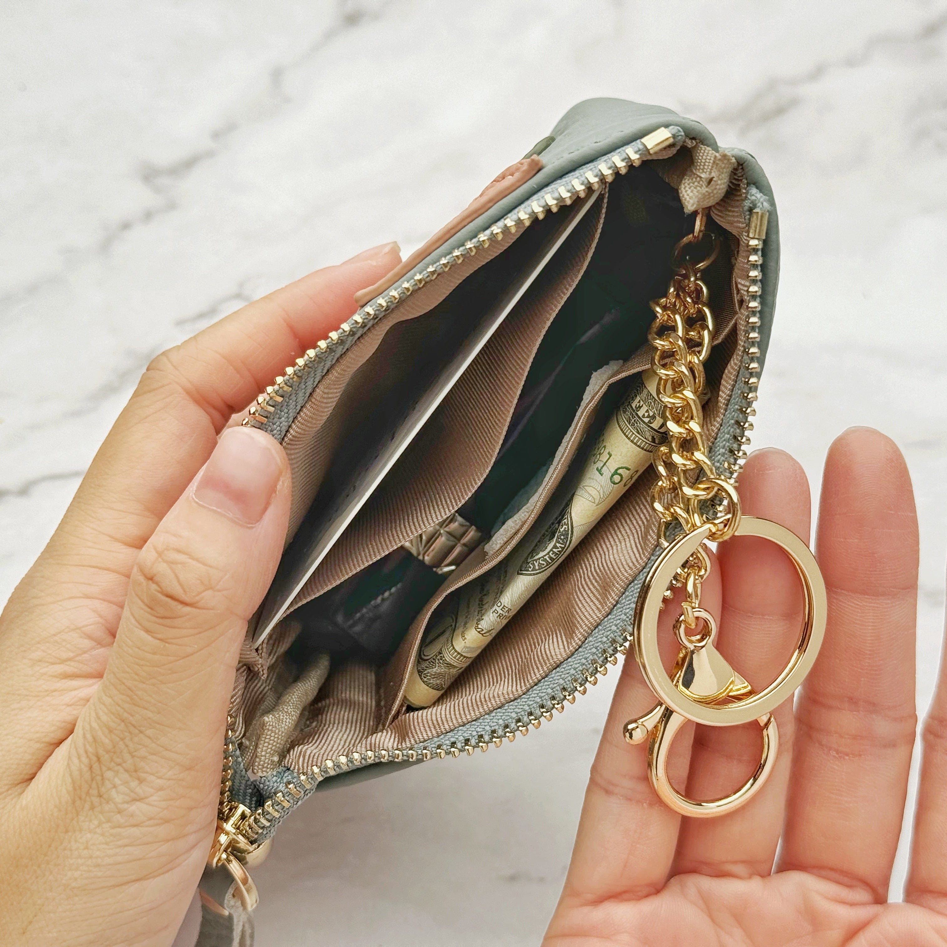 Women Flower Leather Zipper Pouch