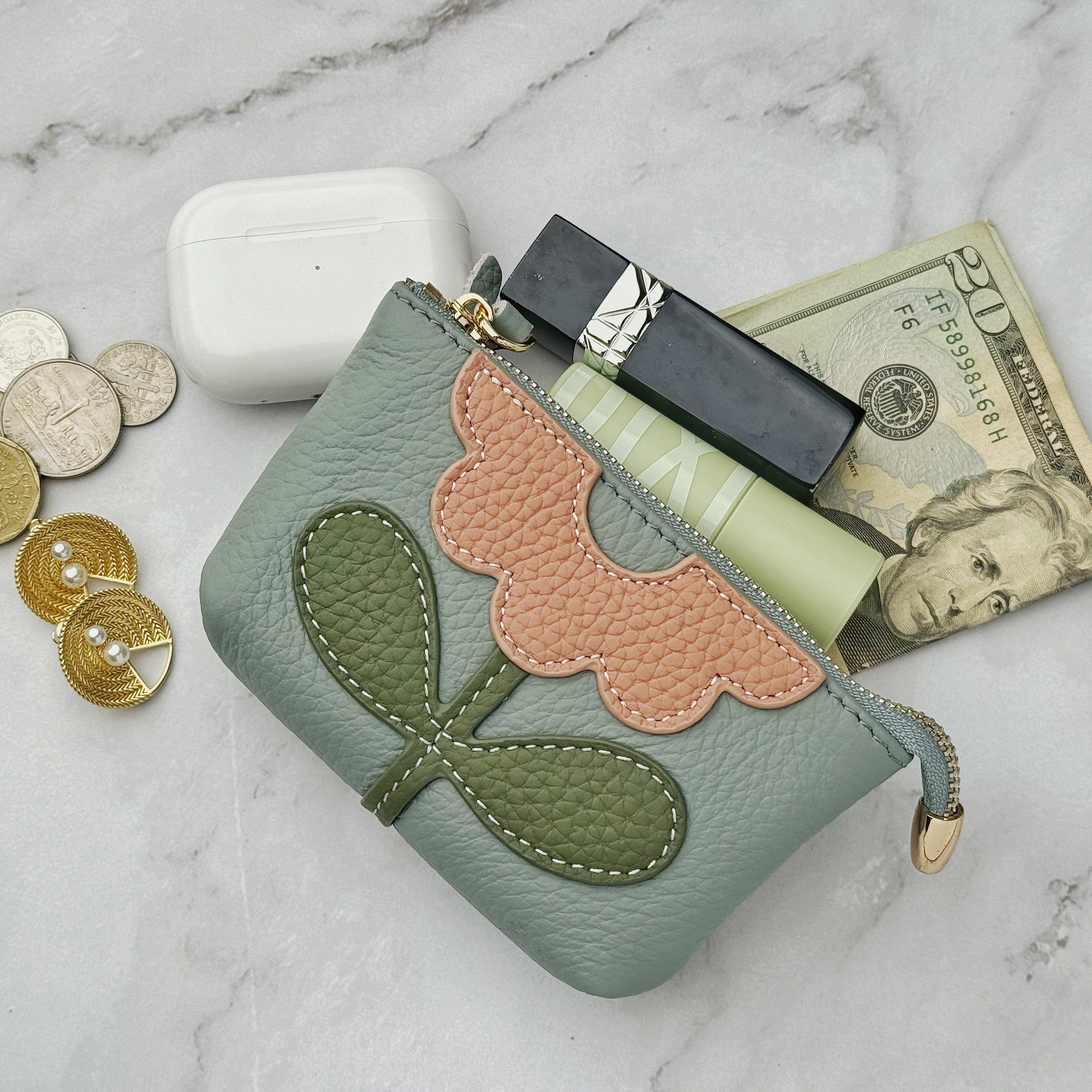 Women Flower Leather Zipper Pouch